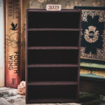 A laser cut mini bookshelf with empty shelves in front of some full-size books on a stone surface