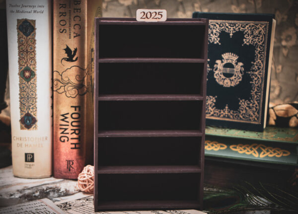 A laser cut mini bookshelf with empty shelves in front of some full-size books on a stone surface