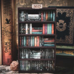 A laser cut mini bookshelf filled with mini 3D printed books with vinyl sticker covers in front of some full-size books on a stone surface