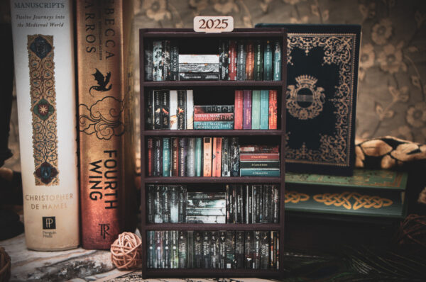 A laser cut mini bookshelf filled with mini 3D printed books with vinyl sticker covers in front of some full-size books on a stone surface