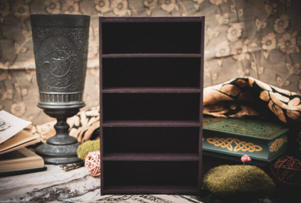 A laser cut mini bookshelf with empty shelves in front of some full-size books and a pewter chalice on a stone surface