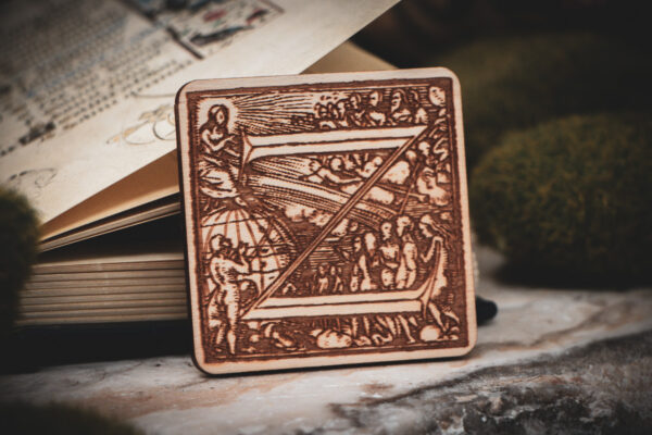 Square birch wood magnet featuring Hans Holbein the Younger's Danse Macabre alphabet letter Z woodcut from 1523.