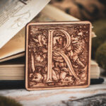 Square birch wood magnet featuring Hans Holbein the Younger's Danse Macabre alphabet letter R woodcut from 1523.