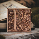 Square birch wood magnet featuring Hans Holbein the Younger's Danse Macabre alphabet letter P woodcut from 1523.