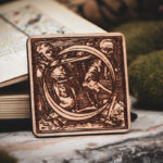 Square birch wood magnet featuring Hans Holbein the Younger's Danse Macabre alphabet letter O woodcut from 1523.