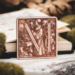 Square birch wood magnet featuring Hans Holbein the Younger's Danse Macabre alphabet letter M woodcut from 1523.