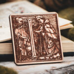 Square birch wood magnet featuring Hans Holbein the Younger's Danse Macabre alphabet letter L woodcut from 1523.