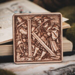Square birch wood magnet featuring Hans Holbein the Younger's Danse Macabre alphabet letter K woodcut from 1523.