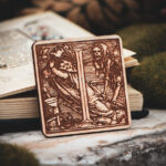 Square birch wood magnet featuring Hans Holbein the Younger's Danse Macabre alphabet letter I woodcut from 1523.