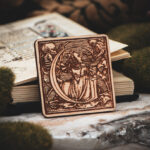 Square birch wood magnet featuring Hans Holbein the Younger's Danse Macabre alphabet letter G woodcut from 1523.