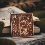 Square birch wood magnet featuring Hans Holbein the Younger's Danse Macabre alphabet letter F woodcut from 1523.