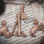 A close-up of two of a set of six laser cut and engraved birch magnets featuring rabbits waging battle against knights in a castle tower on top of various papers and a stone surface.