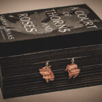 Handcrafted birch plywood book earrings styled on a black-edged copy of A Court of Thorns and Roses by Sarah J. Maas.