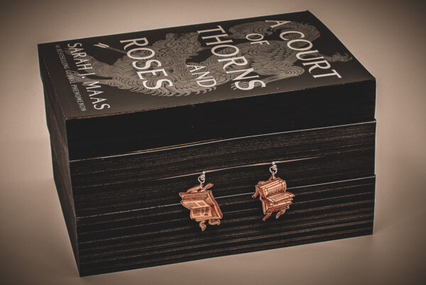 Handcrafted birch plywood book earrings styled on a black-edged copy of A Court of Thorns and Roses by Sarah J. Maas.
