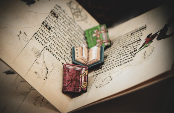 A set of three hand painted, laser cut and engraved birch pins in the shapes of Renaissance books lined up in the middle of two pages of an illuminated manuscript.